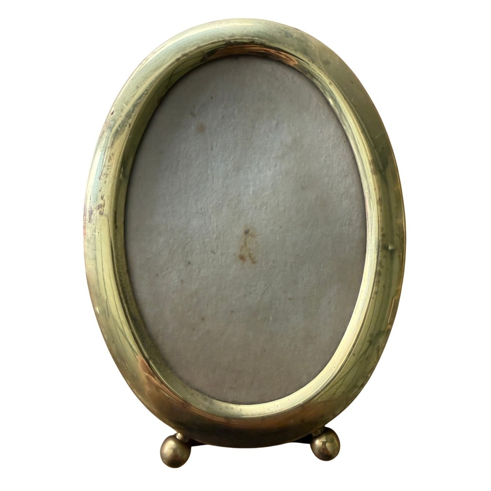 Vintage 80s Oval Brass Picture Frame 5x4 Tabletop Easel Ornate Gold Tone Regency